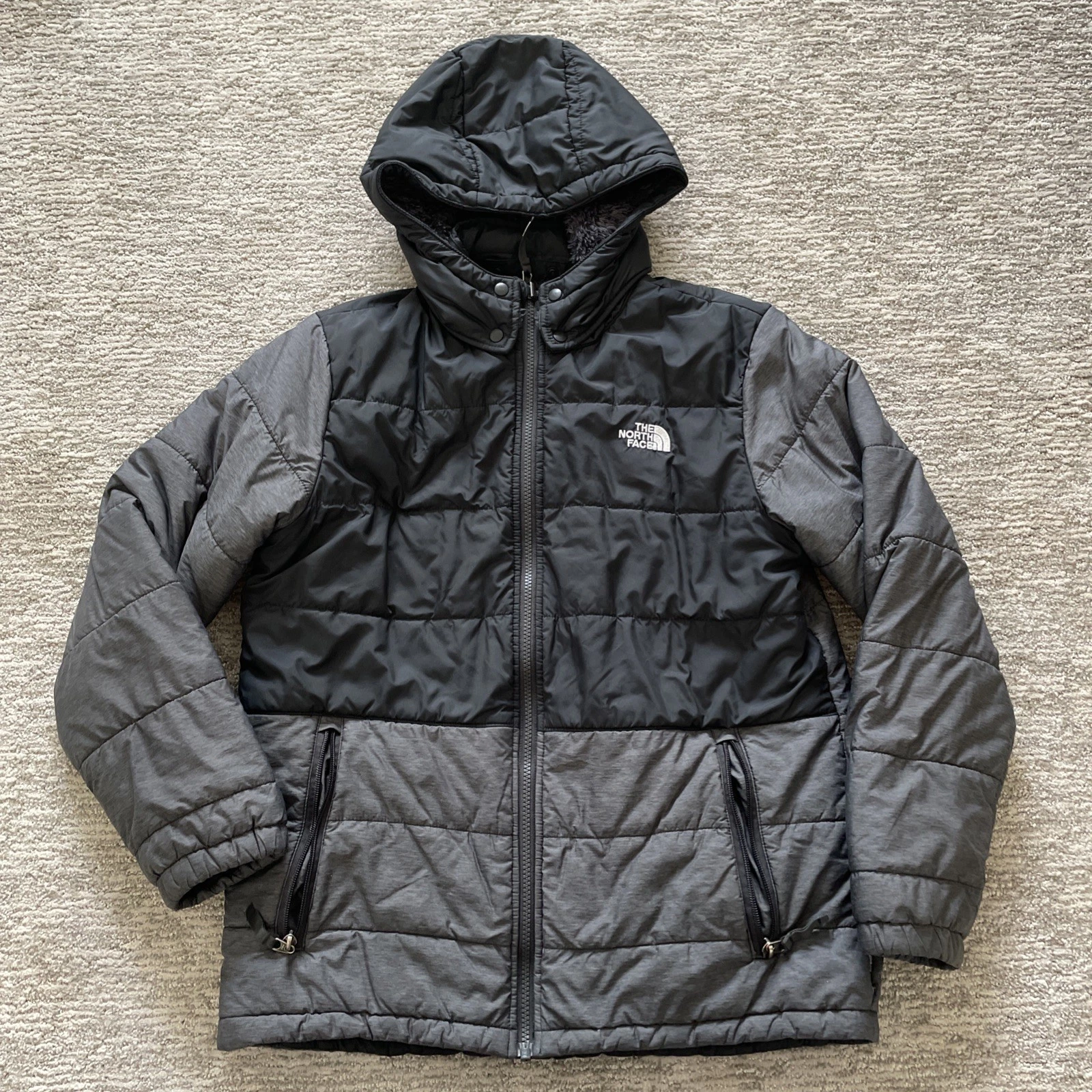 The North Face Jacket Boys XL 18/20 Gray Black Reversible Fleece Puffer Hooded
