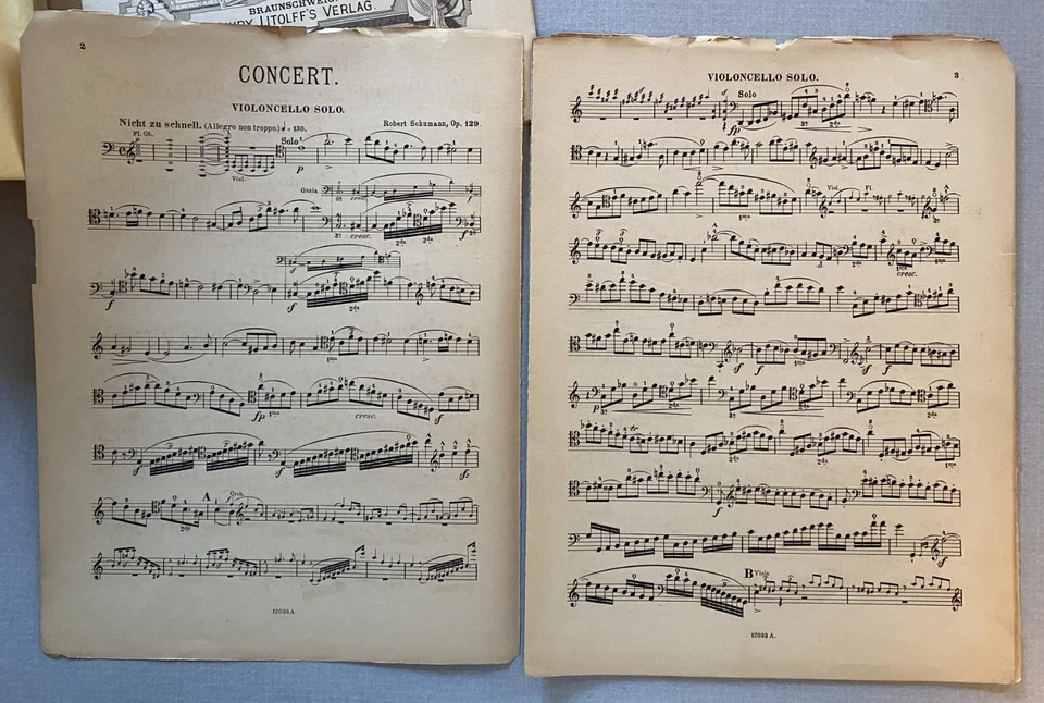 CONCIERTO PARA VIOLONCHELO SCHUMANN OP. 129 - Piezas de violonchelo y piano - Partituras antiguas (1886?) Foto 3 de 4