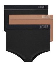 HANES Originals 3-Pair Boyshort Underwear Panties Ribbed Nylon Black Tan Size XL