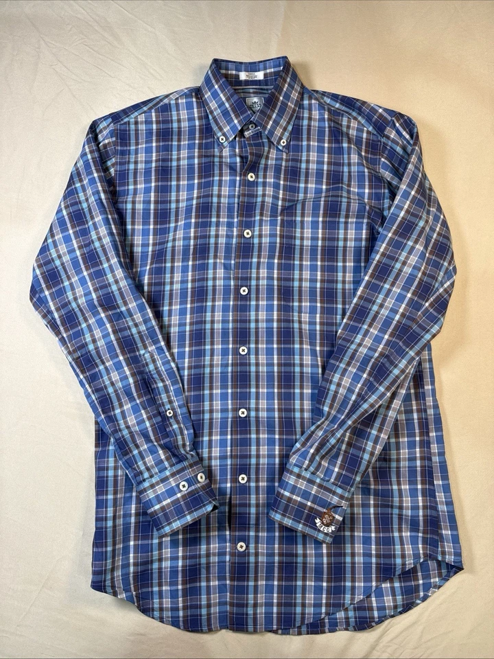 Camisa Peter Millar Para Hombre Pequeña A Cuadros Manga Larga Camisa Abotonada Azul Algodón Foto 2 de 4