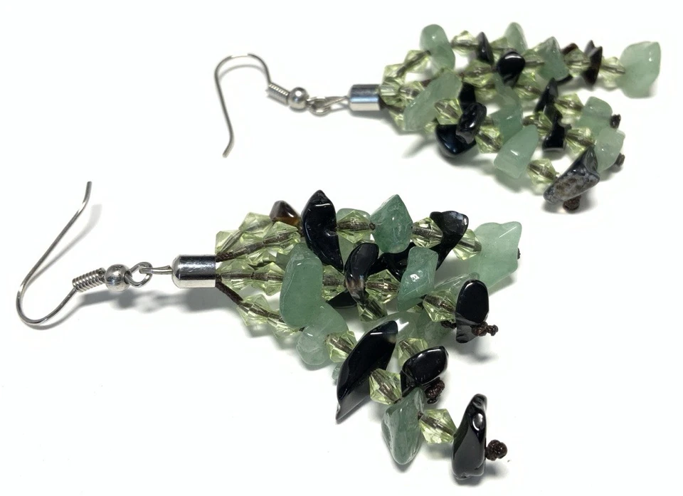 Pendientes colgantes de peridoto y turmalina negra tono plata KX105 Foto 3 de 4