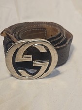 Gucci Men's Brown Interlocking G Buckle Logo Embossed Leather Belt 110-44 114984