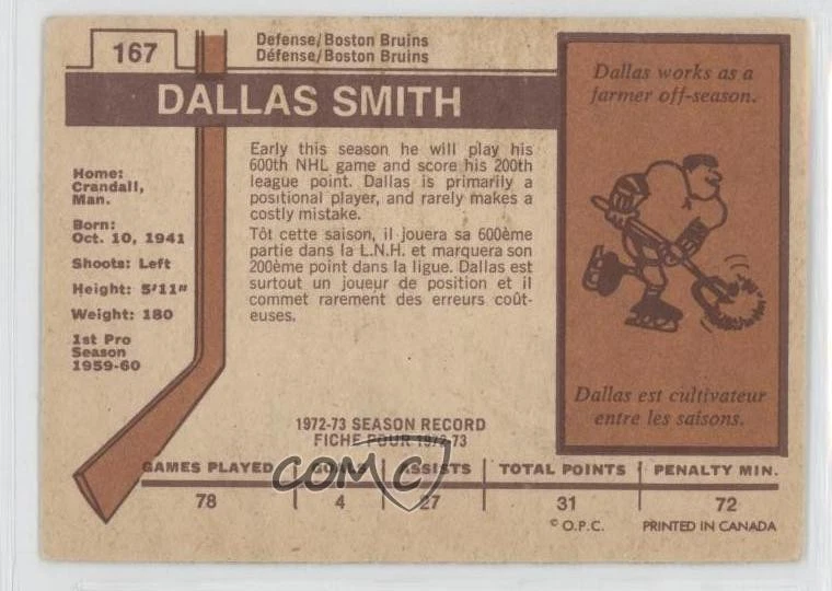 1973-74 O-Pee-Chee Light Back Dallas Smith #167 - Image 2 of 2