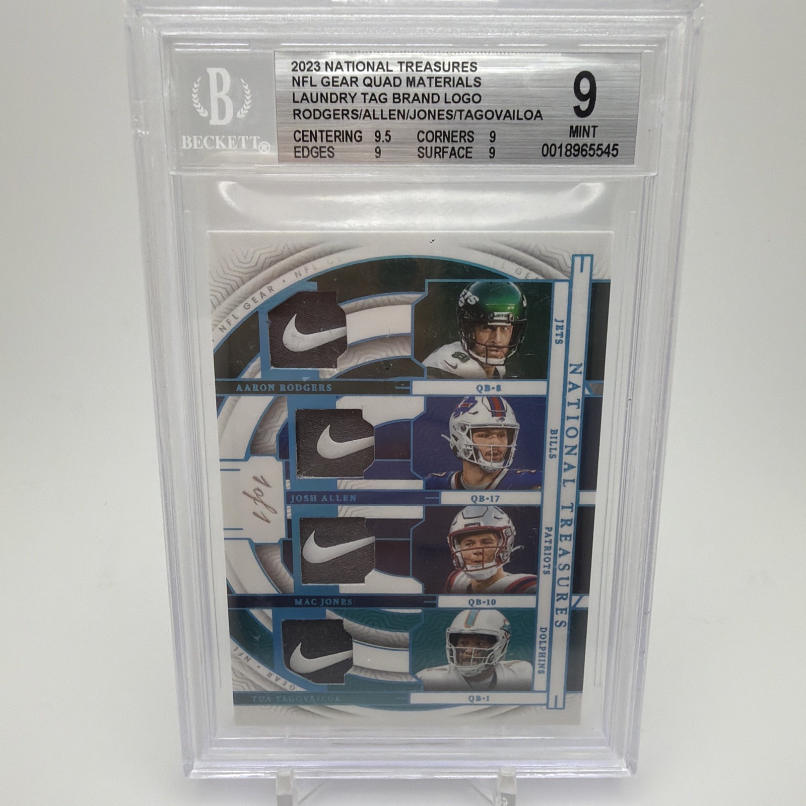 1/1 2023 National Treasures NFL Gear Quad Swoosh Rodgers/Allen/Jones/Tagovailoa