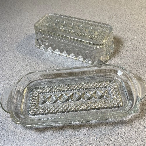 Vintage Clear Glass Anchor Hocking Wexford Diamond Pattern Butter Dish w/Lid