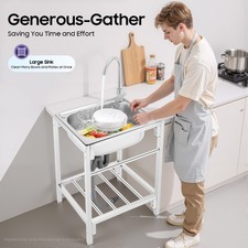 Utility Sink Free Standing Single Bowl Kitchen Bathroom Sink With Faucet  Stand