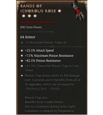 Diablo 4 Eternal Bands Of Ichorous Rose 4GA 130% Unique Gloves Rogue Equipment