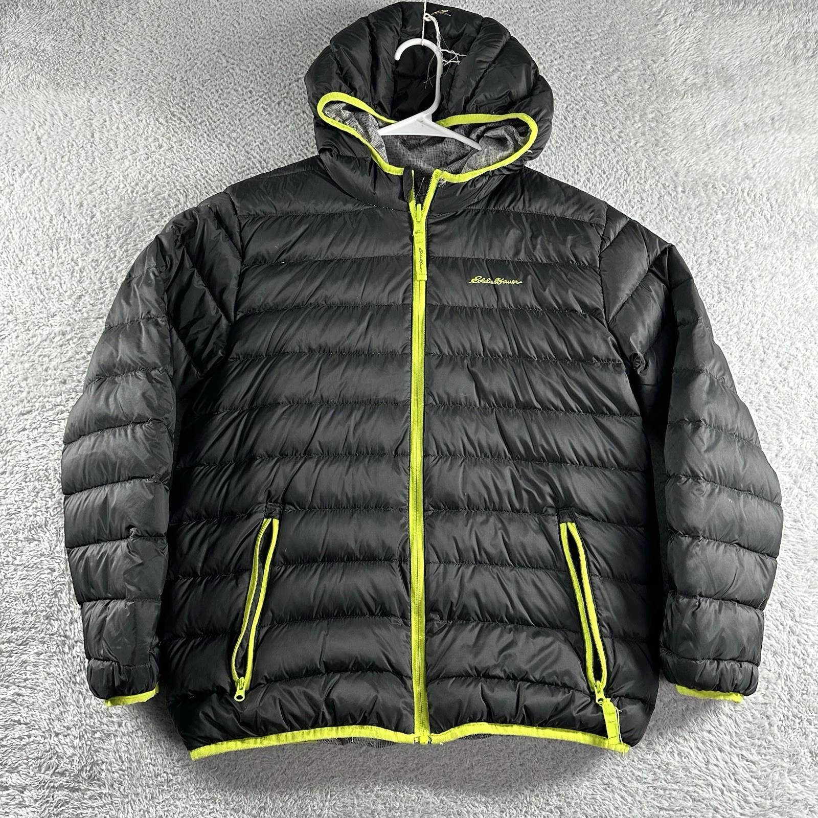 Eddie Bauer Puffer Jacket Youth XL (16) Black Gray Duck Down Bubble Packable