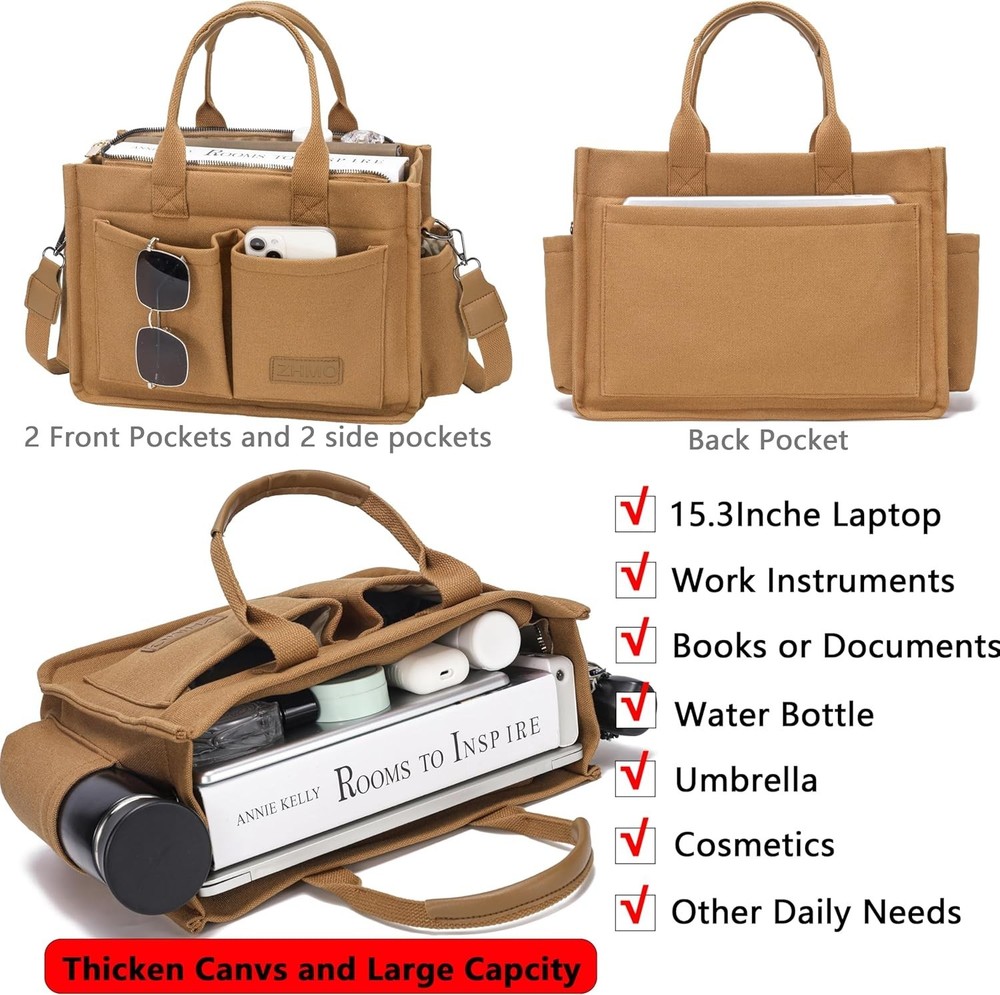 Spacious Women's Canvas Tote Bag with Multiple Compartments