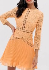Asos Apricot Lace Long Sleeve Dress | Wedding Guest | Pleated Skirt | Soft Girl