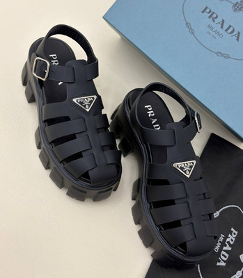 Prada Monolith Platform Sandals Black Leather Triangle Logo US 7 EU 38