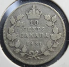 1931 Canada King George V Silver 10 Cents Coin