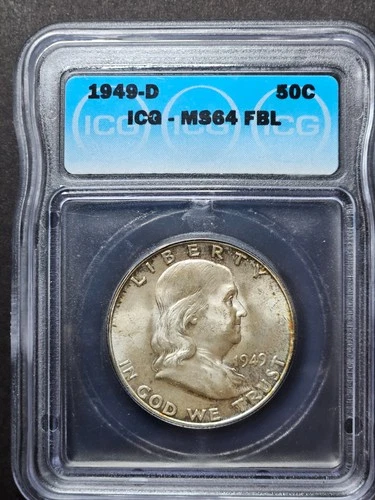 1949-D 50C Franklin Half Dollar - MS 64 FBL - Nice Toning !! Full Bell Lines