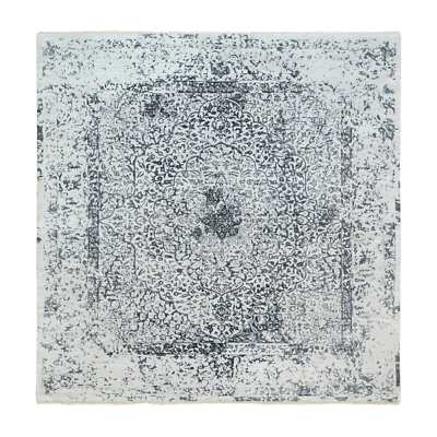 8'x8' Hand Knotted Gray Erased Farsian Design Wool and Silk Square Rug R63455