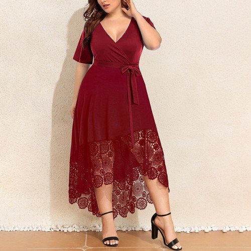 Plus Size Elegant V-Neck Bow Tie Lace Panel Irregular Hem Dress with Pockets - Bild 4 von 20