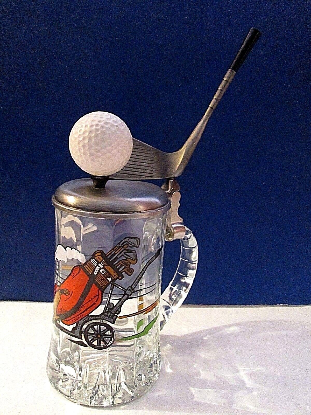 VINTAGE GERMAN BMF GLASS STEIN ~GOLF THEME~ Pewter Lid + MOUNTED CLUB & BALL-WOW