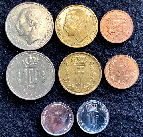 Luxembourg 4 Coins Set 1, 5, 10 Francs & 25 Centimes World Coins