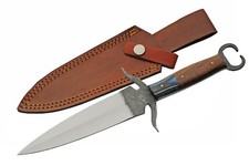 Double Edge Dagger Knife Carbon Steel Blade Wood Handle w/ Leather Sheath