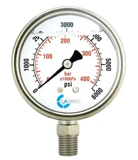 2" Pressure Gauge, Stainless Steel Case, Liquid Filled, Lower Mnt, 6000 PSI