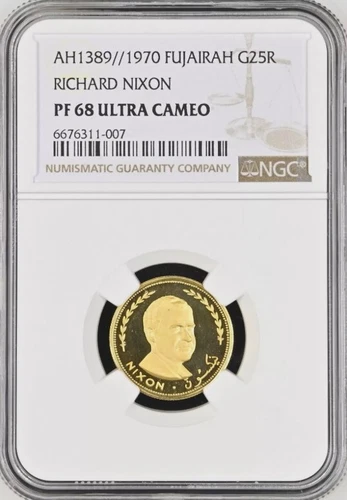 FUJAIRAH , GOLD 25 RIYALS 1970 - NIXON - NGC PF 69 UC , RARE8