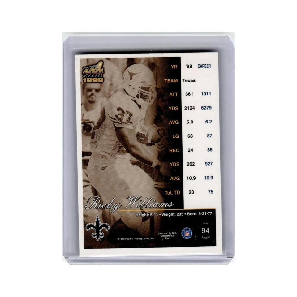 Ricky Williams 1999 Aurora #94 New Orleans Saints Football Card NM - Image 2 of 3