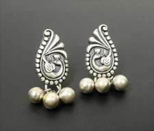 Handmade Sterling Silver Artistic Peacock Bird Top Dangling Beads Post Earrings