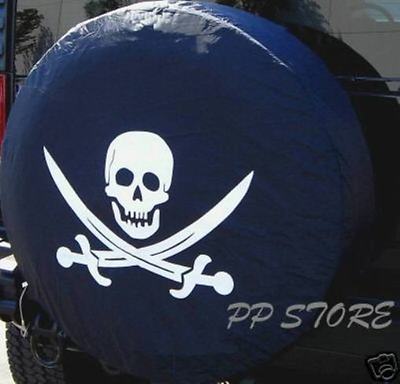 New Spare Tire Cover 26.5-28.5" For 15" Rims - Pirate Mechanic Skull Design (MB1707G)