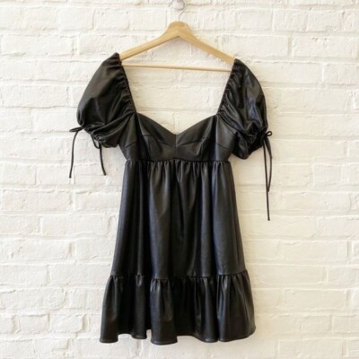 black leather babydoll dress TCEC Mini Babydoll Dress Womens S Black Faux Leather Puff Sleeve Laser Cut FLAW