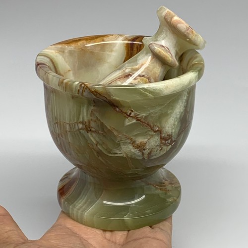 1.86 lbs, 3.8"x3.9", Natural Green Onyx Crystal Pestle and Mortar Handmade, B32