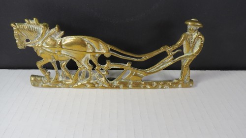 HORSE AND PLOW Solid Brass Horse Farmer FOUND ENGLAND Mantle Shelf Decoration 8" - Picture 5 of 5