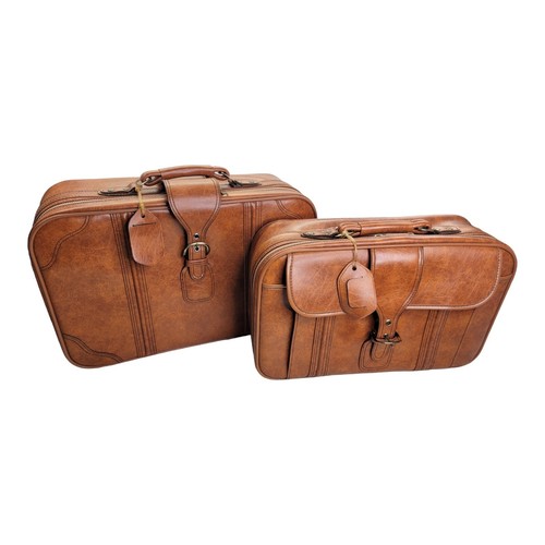 Set 2 VTG Tan Vegan PU Leather Luggage Suitcase Carry On Mid Century 70s Western