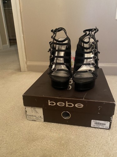 Bebe Platform Strappy Heels; Size 8; Black Leather | eBay