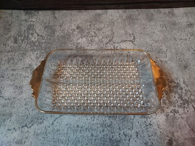 Vintage Anchor Hocking Divided 2 Part Gold Relish Dish Serving Tray Hobnail Ray