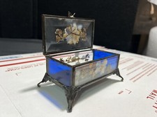 Mirrored Beveled Glass Brass Footed Pill Trinket Box Flowers 4.75" Hinged