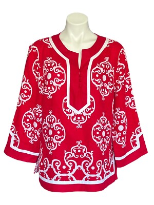 Style & Co Red Linen Blouse White Geo Floral Print Split Sleeve Buttons Size 16