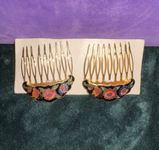 Women s Floral Enamel Metal Hair Comb Set, Decorative Flower, Gold/Black