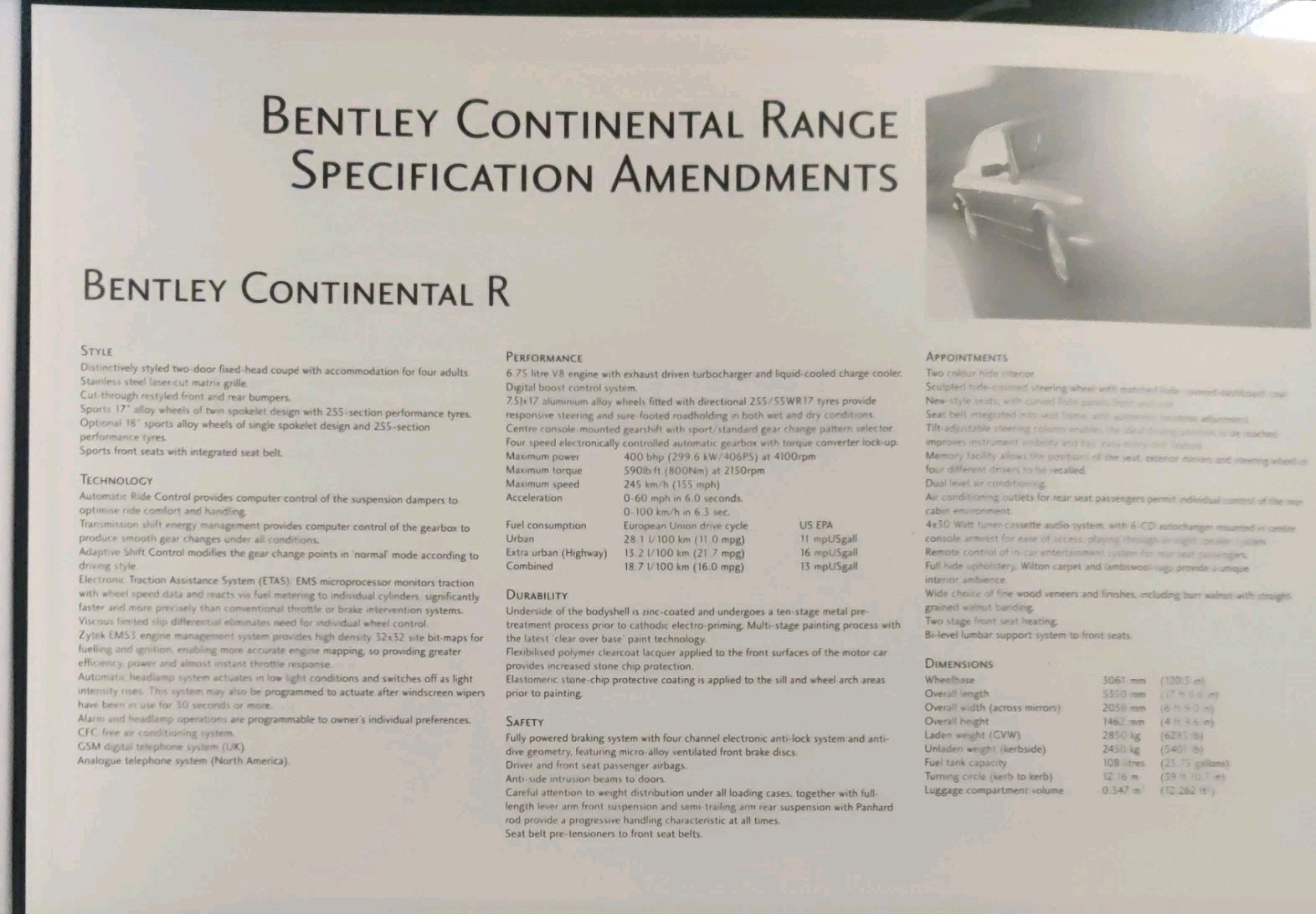 1998-1999 Bentley Continental T R SC and Azure Sales Brochure Detailed Catalogue image 3