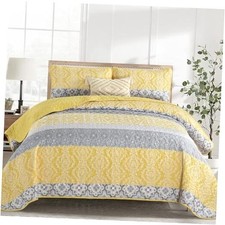 Boho Quilt Set Size, 3 Pieces Boho Striped Bedspread Queen Yellow Grey