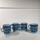 Vintage Anchor Hocking Fire King Blue Diamond Kimberly Mugs Set Of 4 Milk Glass