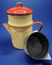 Vtg 40s Tan Red Enamelware Percolator Coffee Pot Metal Farmhouse  W/ Strainer