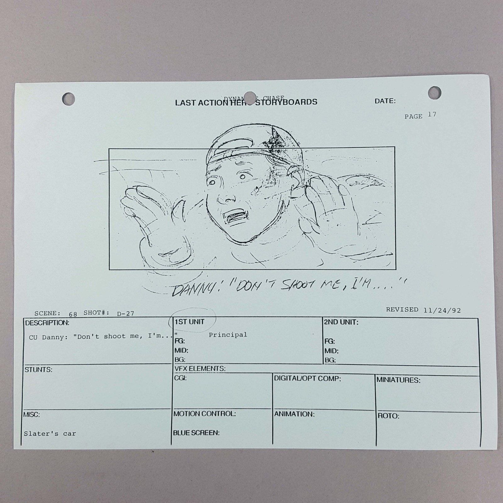 Last Action Hero Storyboard Danny Screams Don't Shoot Me Original Prop COA
