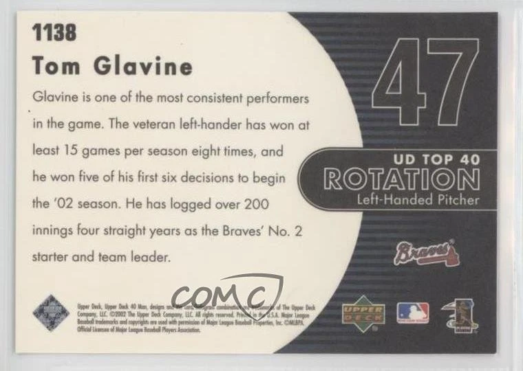2002 Upper Deck 40 Man UD Top 40 Rotation Tom Glavine #1138 HOF - Image 2 of 2