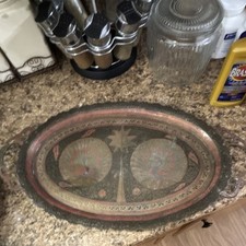 Vintage Indian Etched Brass Triangular Trinket Dish with Peacock Motif — listing 6