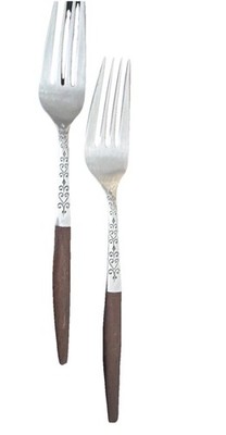 Vintage Interpur Stainless Japan MCM Wood Handle Dinner Forks Scroll Pattern Set