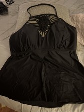 Swimsuits For All Black Macrame Halter Tankini Size 16 0315