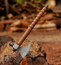 Damascus Steel Tomahawk Axe Handmade Viking-Inspired Battle Axe with Leather SHT