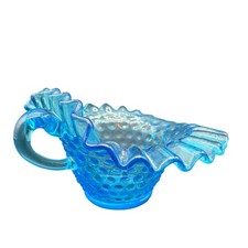 Blue Hobnail Glass Ruffled Creamer Pitcher Dish Vintage