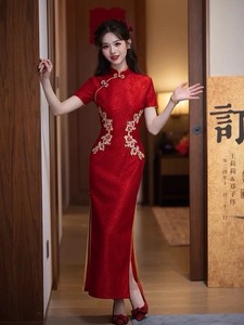 strapless open back dress Red Chinese Wedding Dress, Red Qipao Prom Dress, Sleeveless Qipao L / White main image 1