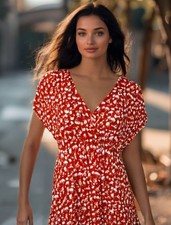 Amazon Essentials Floral Dress Womens Size Large Orange Knit V-Neck A-Line NWT