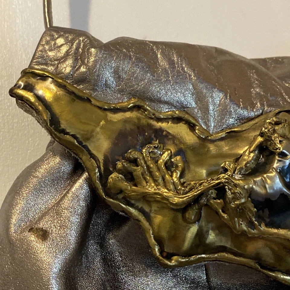 Cartera Bandolera Vintage Años 80 Elegante Latón Metal Turquesa Cuero Metálico Foto 4 de 4